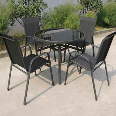 China Outdoor Weather Furniture 5Pcs Outdoor Garden Stack Clamp Chair And Round Table Cafe Dining Furniture Set for sale