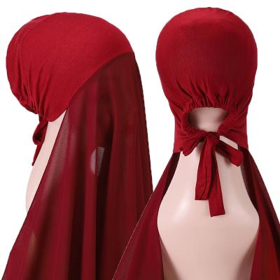 China NEW Popular Solid Color Bubble Chiffon Heavy Chiffon Hijab With Hood Elastic Rope Free Use Style Shawls for sale