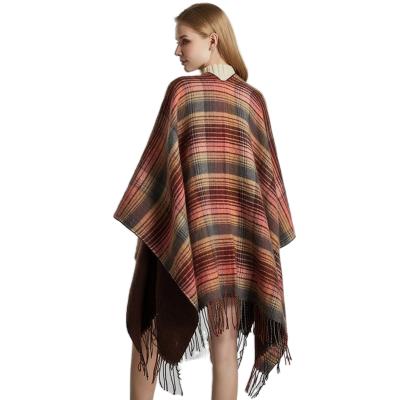 China Factory sale fashionable classic plaid shawl cashmere with tassel winter thick warm ponchos dress for women for sale