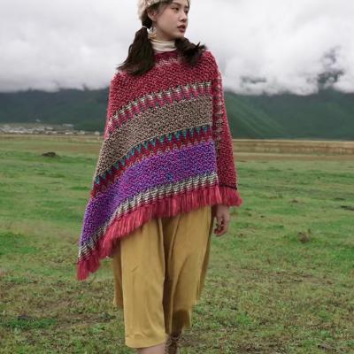 China New Trendy Fashion Women's Cashmere Knitted Rainbow Ladies Ponchos For Winter for sale