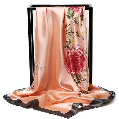 China Hot Selling Satin Silk Floral Scarf 90x90 Cowls And Satin Hair Wraps Hijab for sale