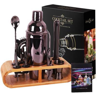 China Viable Success 12pcs Stainless Steel Cocktail Shaker Set With Stand Black Bamboo Shaker Cocktail for sale