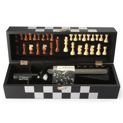 China Viable Wholesale Wine Bottle Box 4 PC Tools Poker Negotiating Chip Wood Box Set Wine Accessories Gift Set Wooden Wine Box With Chess Set for sale