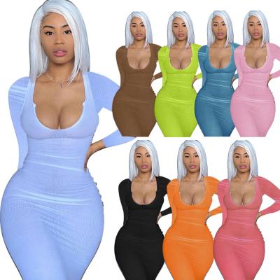 China Breathable Sexy Women Ladies Long Sleeve V-Neck Summer Casual Dresses Elegant Cotton Tank Dress Long Ribbed Knitted Maxi Dress for sale