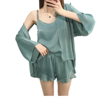 China Prime 2022 QUICK DRY Summer 3 Pieces Set Pajamas Halter Shorts Pants Silk Pajamas Womens Pajamas Shorts Sets for sale