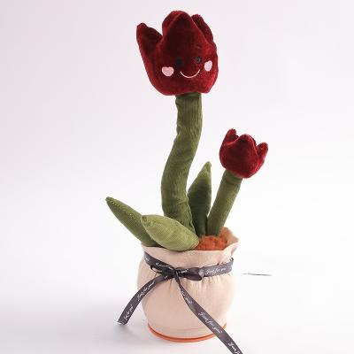 China Plush Custom Design Souvenir Gift Singing Dancing Cactus Toys Soft Dark Red Tulip Electric Dancing Plush Flower for sale