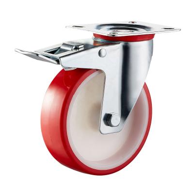 China 4 Inch Swivel Top Flat PIVOT PU Caster Wheel With Lock Metal Frame Red Bearing Wheel for sale