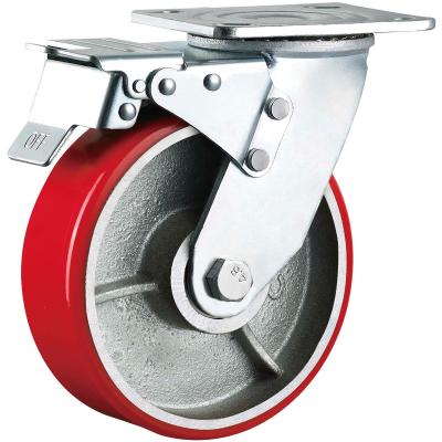 China Heavy Duty PIVOT Polyurethane Wheel Caster With Cast Iron Core Swivel Locking Rail Wheels for sale