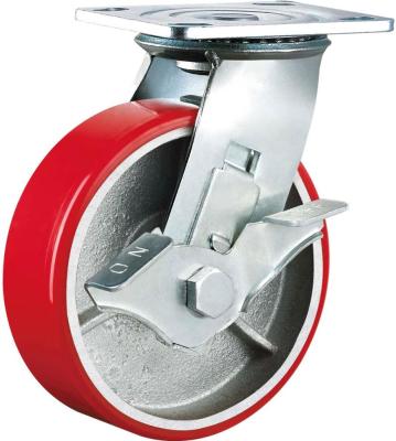 China Flat Free Heavy Duty Caster Wheel With Side Brake Cast Iron Hub Polyurethane Swivel Pallet Truck Load Wheels for sale