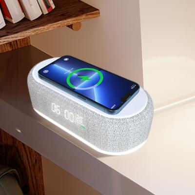 China Promotional Best Gift Mobile Phone Tablet Charging Desk and Wireless Charging Phone 5W 10W QI LED Wooden Alarm Clock Digital Pendulum Charger Table Clock for sale