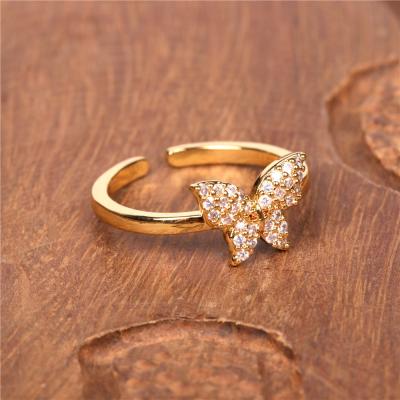 China New Cute Adjustable Butterfly Ring Brass Zircon Butterfly Ring Open Women Wedding Gold Jewelry for sale