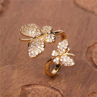 China Cute Adjustable Butterfly Double Ring Brass Diamond Butterfly Ring Women Wedding Gold Jewelry for sale