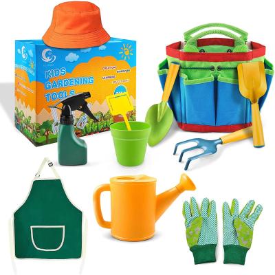 China Gardening / Beach Playing Wholesale Customized 11 Pieces Garden Kids Tool Kit With Tote Bag Watering Can Shovel Rake Fork Apron Plant Pot for sale