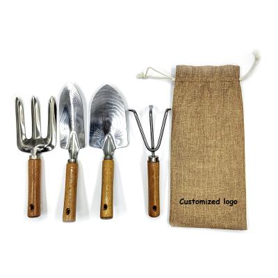 China Gardening Best Price Customized 4 Pieces DIY Tools Kit Garden Garden With Stainless Head & Wooden Handle & Canvas Bag for sale