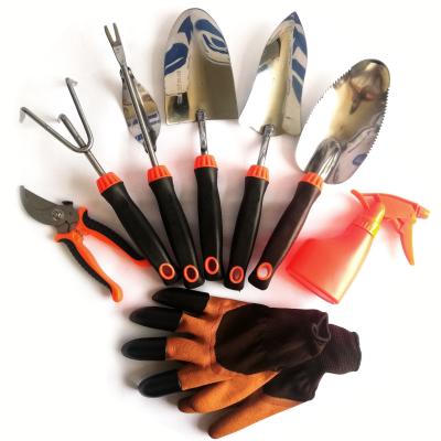 China 9 Pieces Factory Price Heavy Duty Stainless Steel Large Size Garden Gardening Tool Kit With Orange Carry Bag for sale