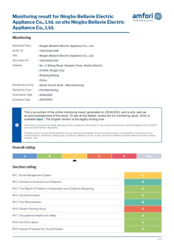 BSCI - Ningbo Bellavie Electric Appliance Co., Ltd.