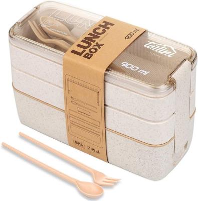 China Sustainable Wheat Straw Food Bento Lunch Box With 3 Layer Plastic Container Spoon And Fork for sale