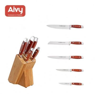 China Sustainable High Quality Food Grade 5pcs Stainless Steel Knife Set With Wooden Stand for sale