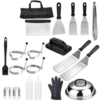 China Easily Cleaned 20 Pcs Flat Surface Grill Tool Kit with Metal Burger Scraper Spatulas, Egg Rings and Carry Bag for sale