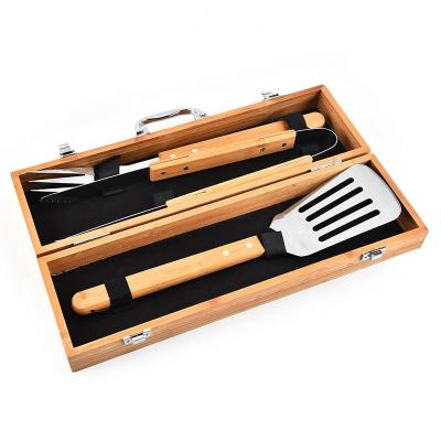 China Easily Cleaned BBQ BBQ Tool Kit Stainless Steel Handle BBQ Grill 3pcs with Bamboo Case for sale