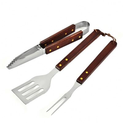 China Easily Cleaned Barbecue 3pcs Grill Set Stainless Steel Wood Handle Outdoor Barbecue Tool Kit for sale