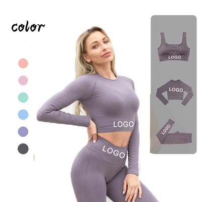 China 2021 Breathable Seamless 3 Piece Workout Set Sports Bra Hi-Waist Leggings Gym Clothes Yoga Set for sale