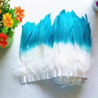 China Decoration feather material. For Feather Handcraft Various Colors Rooster Half Dyed Goose Tail Feather Fringe Bronze Trimming Wholesale For Juju HAT Ribbon for sale