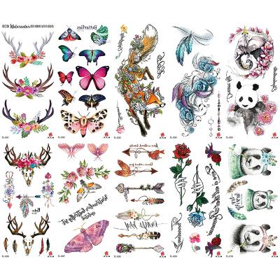 China 2021 Natural Temporary Tattoo Stencils New Waterproof Tattoo Stickers Sleeve Deer Buckhorn Panda Fox Flower Moth Butterfly Arrow for sale