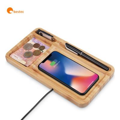 China Quick Bamboo Wooden Video Game Player Desktop Multi Desk 2 in 1 Storage Tray Mobile Phone Charger Cordless Charging Organizer for sale