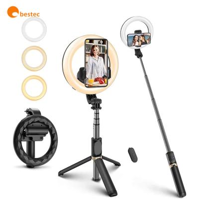 China Mini Obestec Q07 6 Inch Selfie Ring Lights With Tripod Stand Selfie Video Stick Led Ring Lamp Battery Operated Luz Ring Light for sale