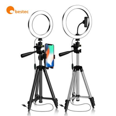 China Mini Obestec Flexible Portable Makeup Light Ring With Cell Phone 10 Inch Tripod Stand LED Selfie Holder for sale