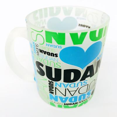 China Customized & Cheap Price Stocked OEM & ODM Bule Frosted Glass Shot Glass Customized 11oz Sublimation Matte Glass Mug With Handle for sale