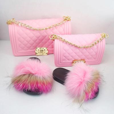 China Fashion Purse and Slides Set Summer Outdoor Shopping Cross - Body Purse Companion PVC Jelly Purse and Fox Fur Slippers Set and Handbags Designer for sale