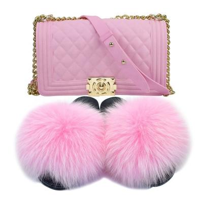 China Fashion Purse and Slippers Set Brand Designer and Fox Designer Handbags Fox Furry Fur Slides and Jelly Purses Set for sale