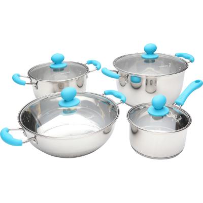 China Viable Manufacturer Camping pots and pans color to handle cookware sets stainless steel pan wholesale pots and pans for sale