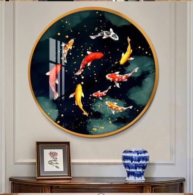 China Wholesale Modern Round Luxury Custom Decor Fish Gold Decorative Picture Crystal Porcelain Painting Wall Art for sale