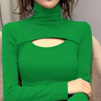 China Anti-Wrinkle Women's Knitted Turtle Neck Top Ladies Hollow Out Long Casual T-Shirt Autumn Slim Tee Jumpers Skinny Sleeve Sweater for sale