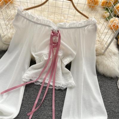 China Anti-Wrinkle French Niche Ears Wood Women Slim White Color Bubble Sleeve French Cuffs Ruffle Lace Shirts for sale