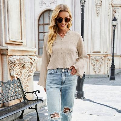 China Anti-pilling Women's Autumn Solid Color Flare Long Sleeve Ruffle Collar Tailoring Slim Casual Top Blouse for sale