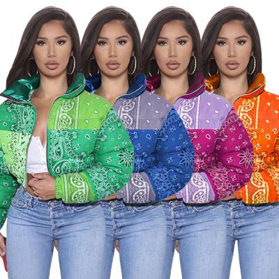 China Anti-wrinkle Women Fashion Zipper Bandana Bubble Coat Multi Color Printing Crop Stripper Jacket for sale