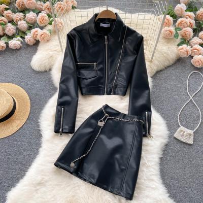 China Retro Western Style Waterproof Women Motorcycle ZipperJacket Mini Skirt 2 Piece PU Leather Sets for sale