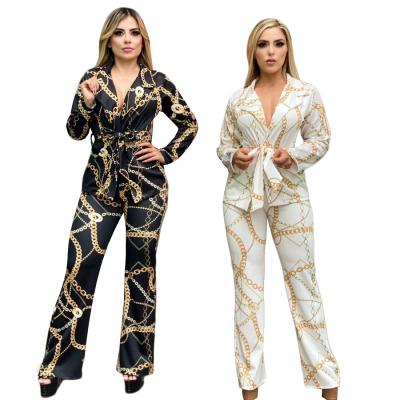 China Anti-pilling Autumn Collection Clothes Women Printed Chain 2 Piece Pants Suits Clothing Set for sale