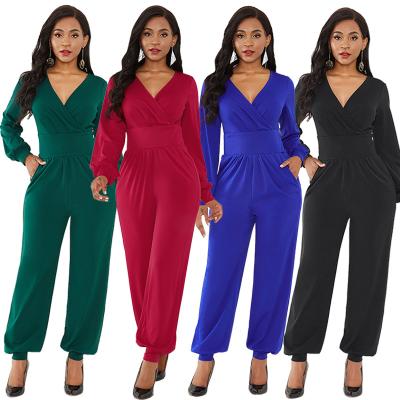 China Anti-pilling Women's Deep V-Neck Solid Color Lantern Sleeve Loose Wide Leg Pants Overalls for sale