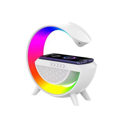 China Big G-Shape Factory Mobile Phone Speaker Alarm Clock Colorful Night Light With 10W 15w Radio Charging Station For Phone for sale