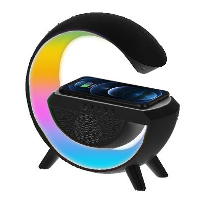 China Big G-Shape Factory Mobile Phone Speaker Alarm Clock Colorful Night Light With 10W 15w Radio Charging Station For Phone for sale