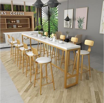 China New design durable gold dining fashion kitchen marble slab chair long top and metal base bar table set for sale