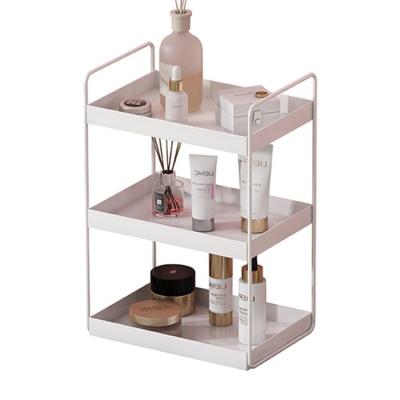 China Modern Simple Pink Vanity Stocked Tray Makeup Cosmetic Storage Rack Bathroom Countertop 3 Tier for sale