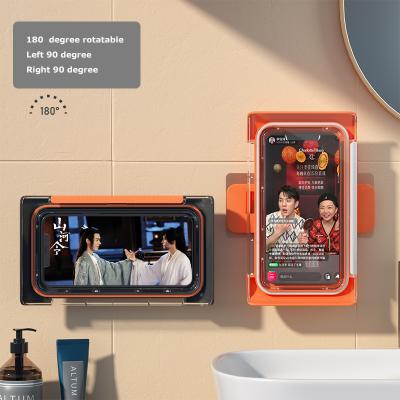 China ABS+PET 180 Degree Rise Fog Shower Phone Case Box Anti Rotate Splash Proof Bathroom Shower Phone Holder Wall Mount Orange Black for sale