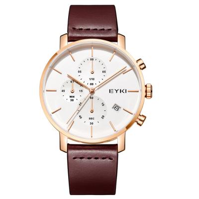 China Auto Date EYKI Genuine Leather Strap Chronography Sports Men Watch With Calendar for sale