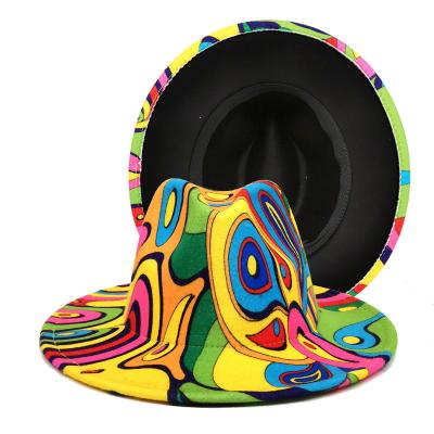 China Durable Tie Dye Fedora Hats Women Wholesale 2021 Sun Hats Overflow Graffiti Fadora Two Tone Felt Men Fedora Hats for sale